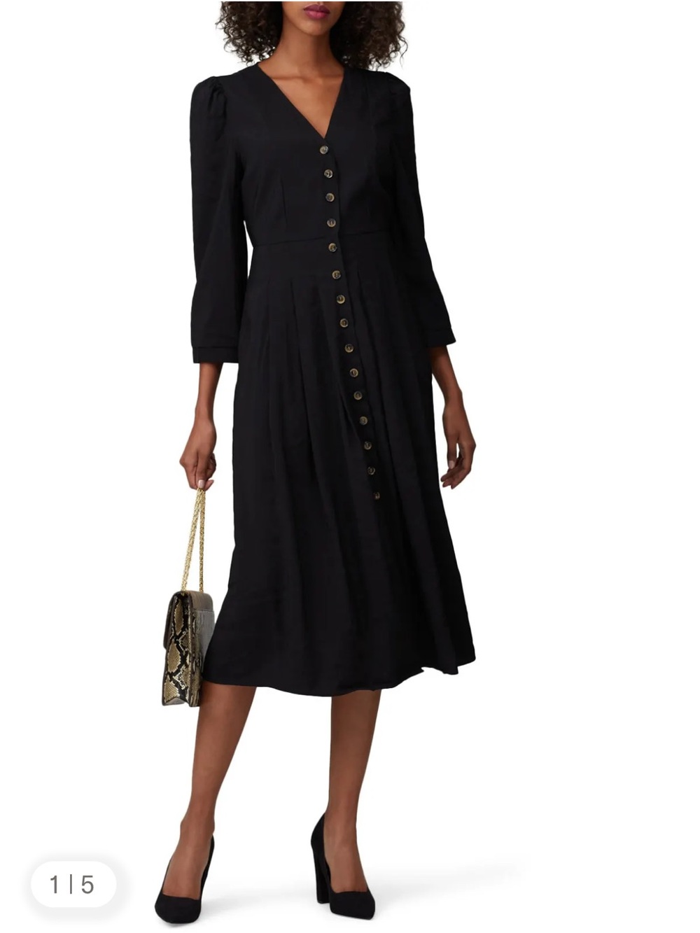 Just Female Jena Black Button Front V Neck Midi Dress Small